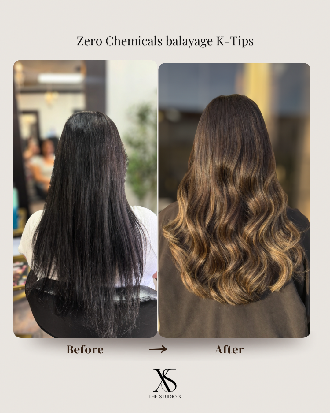 Before and after dimensional balayage K-Tip extensions at The Studio X