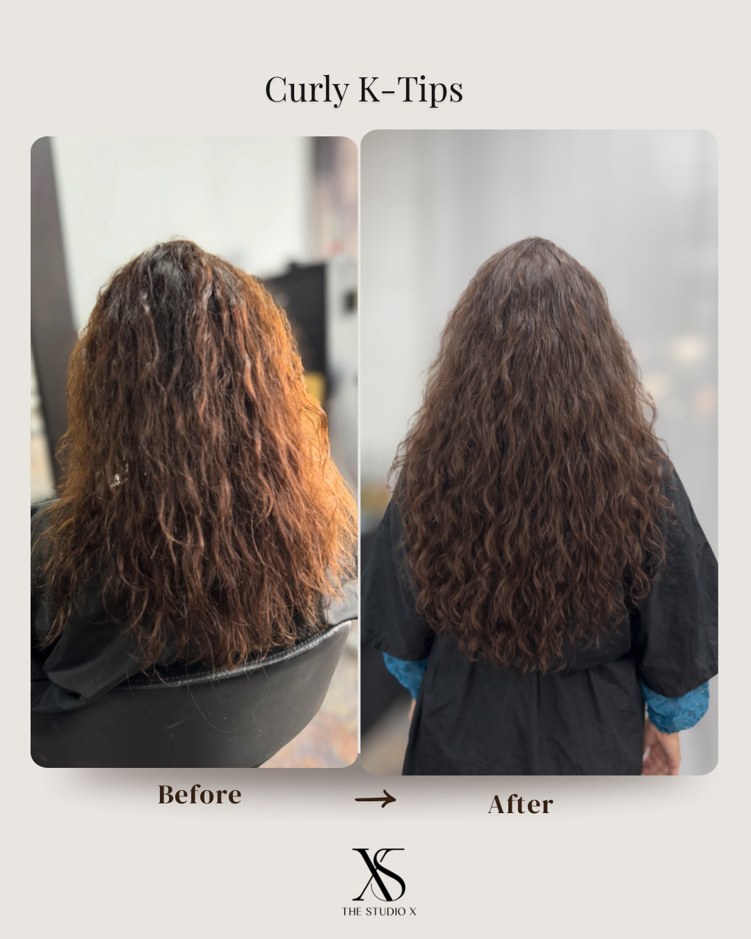 Before and after curly K-Tip extensions at The Studio X