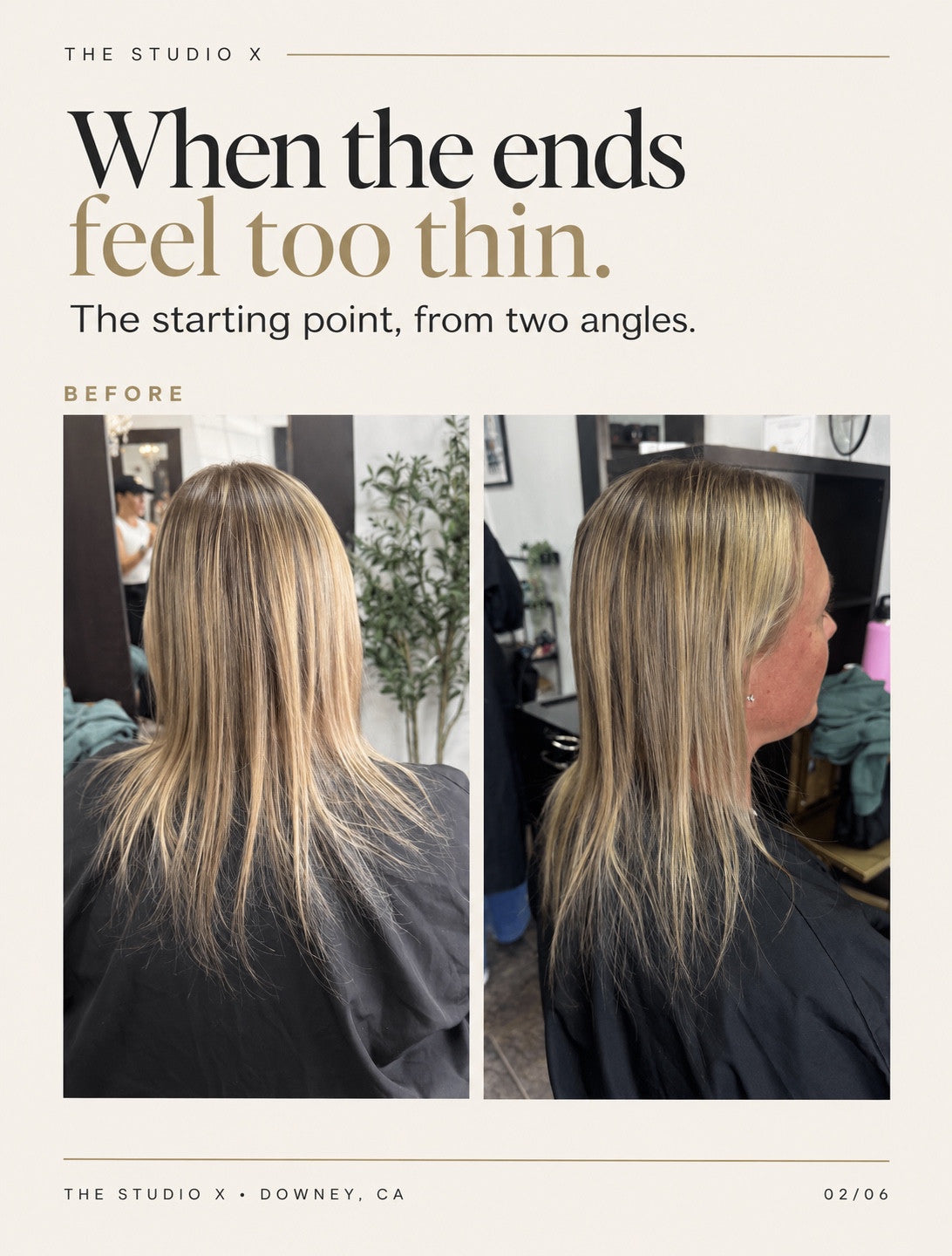 Before extensions: fine blonde hair shown from the back and side at The Studio X